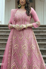 Light Pink Net Embroidered  Anarkali Suit Set