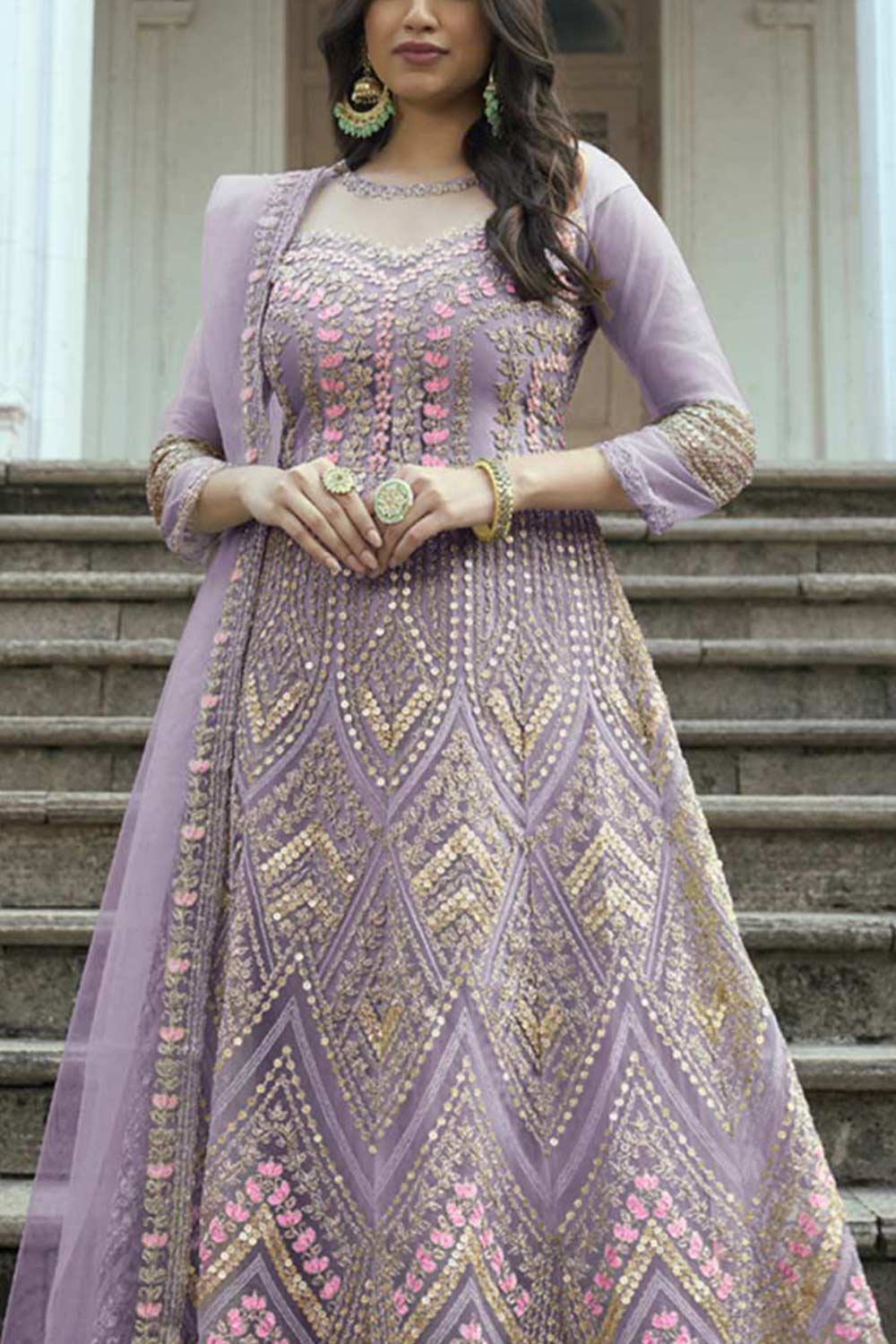 Light Lavender Net Embroidered  Anarkali Suit Set