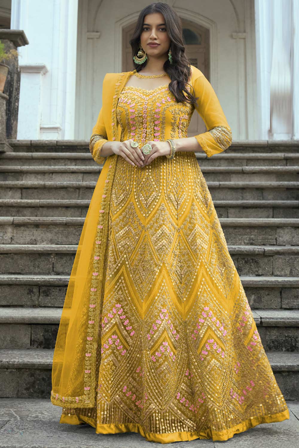 Buy Yellow Net Embroidered  Anarkali Suit Set Online - KARMAPLACE