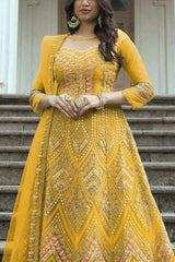 Yellow Net Embroidered  Anarkali Suit Set