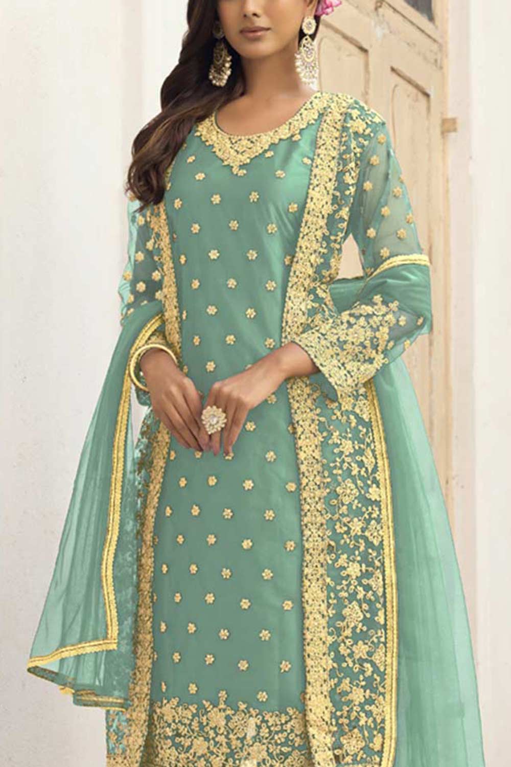 Turquoise Net Resham Embroidery Pant Suit Set