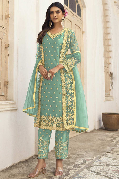 Buy turquoise net resham embroidery Pant Suit Set Online - Back