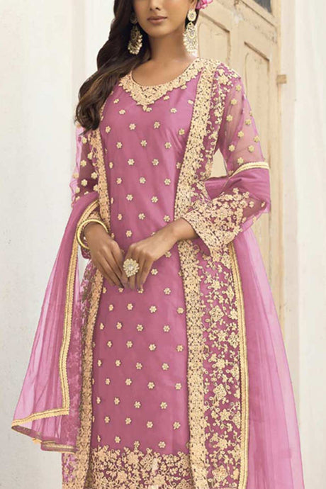 Buy baby-pink net resham embroidery Pant Suit Set Online - Back