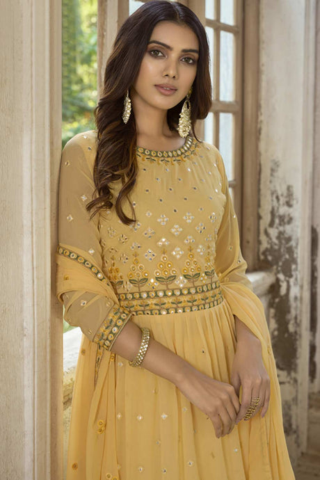 Yellow Georgette Embroidered  Palazzo Suit Set