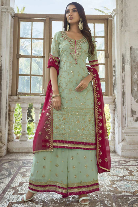Buy Sea Green Georgette Embroidered  Palazzo Suit Set Online - KARMAPLACE