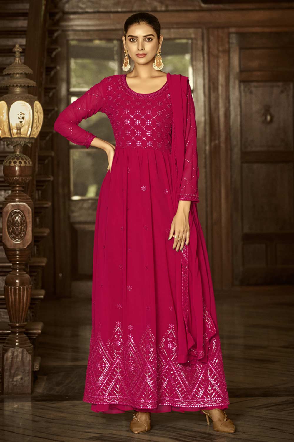 Buy Rani Pink Georgette Embroidered  Anarkali Suit Set Online - KARMAPLACE