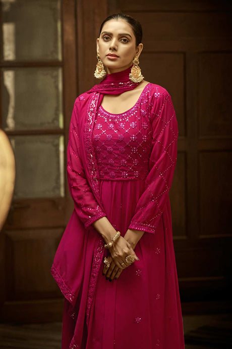 Rani Pink Georgette Embroidered  Anarkali Suit Set