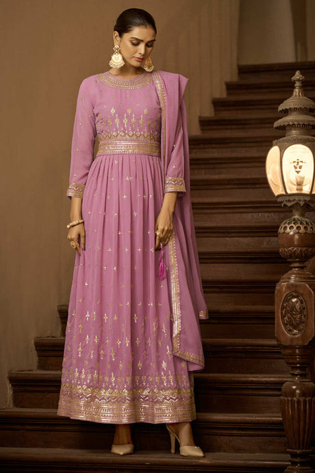 Buy Light Pink Georgette Embroidered  Anarkali Suit Set Online - KARMAPLACE