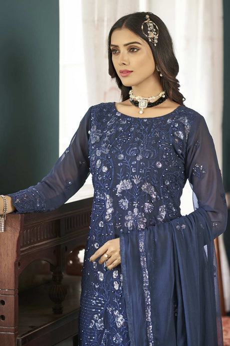 Navy Blue Georgette Embroidered  Straight Kurta Suits Set