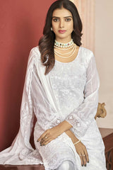 White Georgette Embroidered  Straight Kurta Suits Set