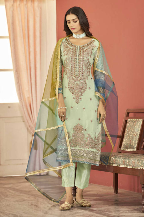 Buy Sea Green Georgette Embroidered  Straight Kurta Suits Set Online - KARMAPLACE