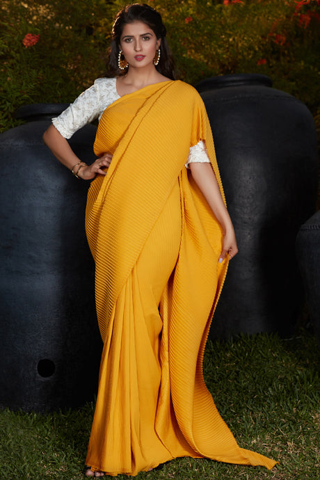 Buy Banarasi Art Silk Plain Saree In Yellow