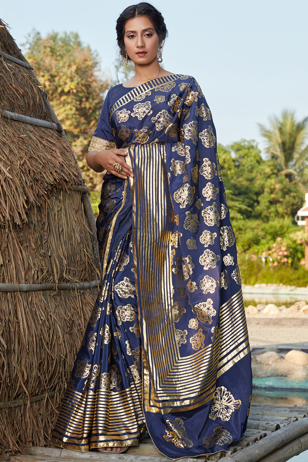 Buy Banarasi Art Silk Printed Saree In Navy Blue