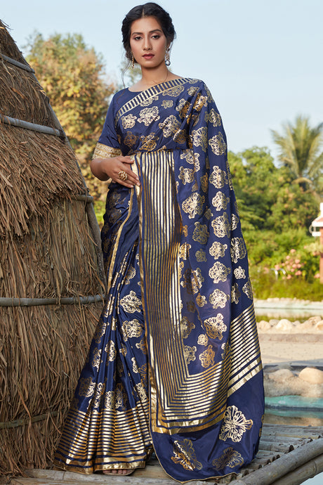 Buy Banarasi Art Silk Printed Saree In Navy Blue