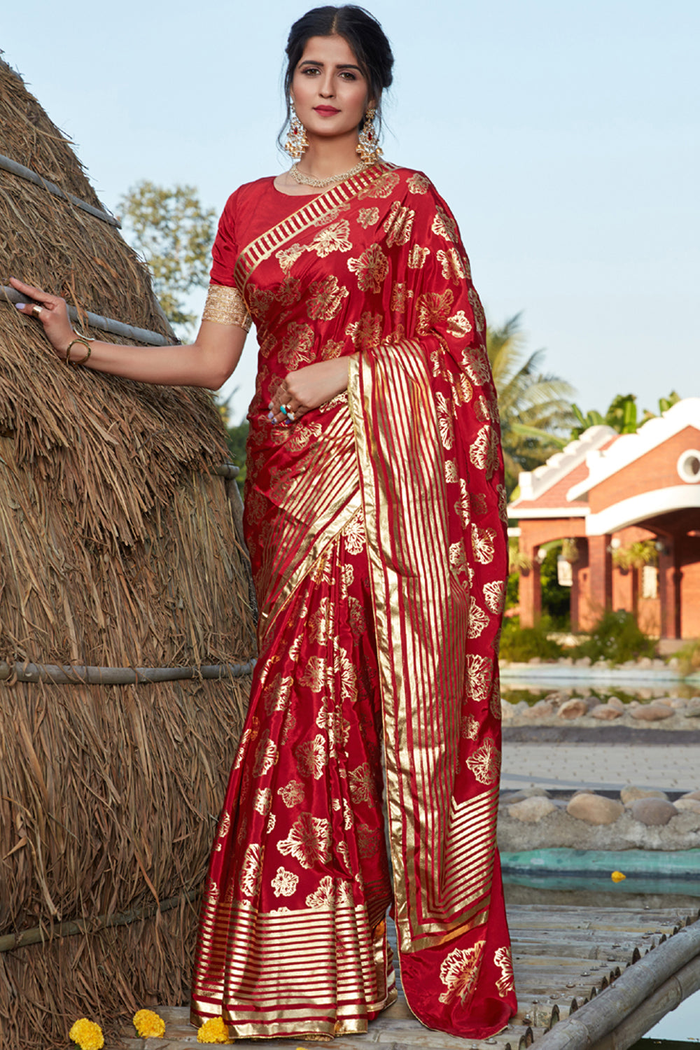 Buy Banarasi Art Silk Printed Saree In Red