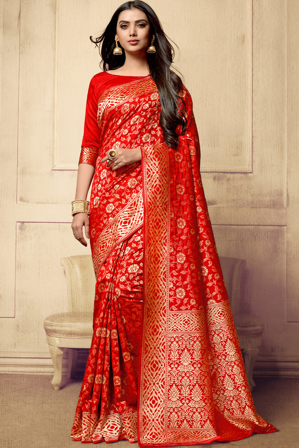 Blended Cotton Printed Saree In Red