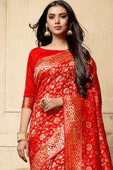 Blended Cotton Printed Saree In Red