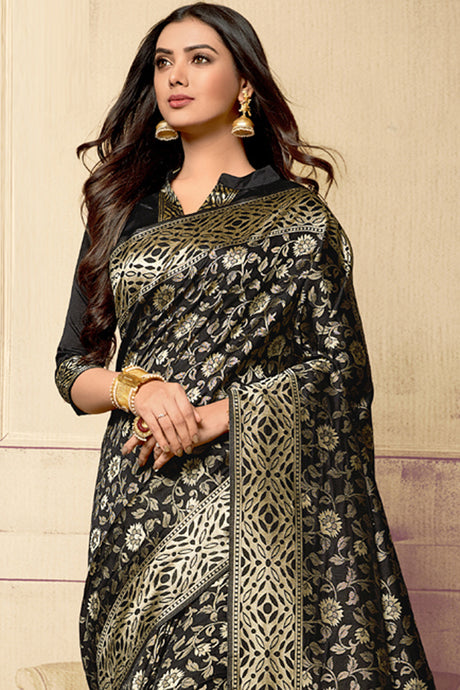 Blended Cotton Printed Saree In Black