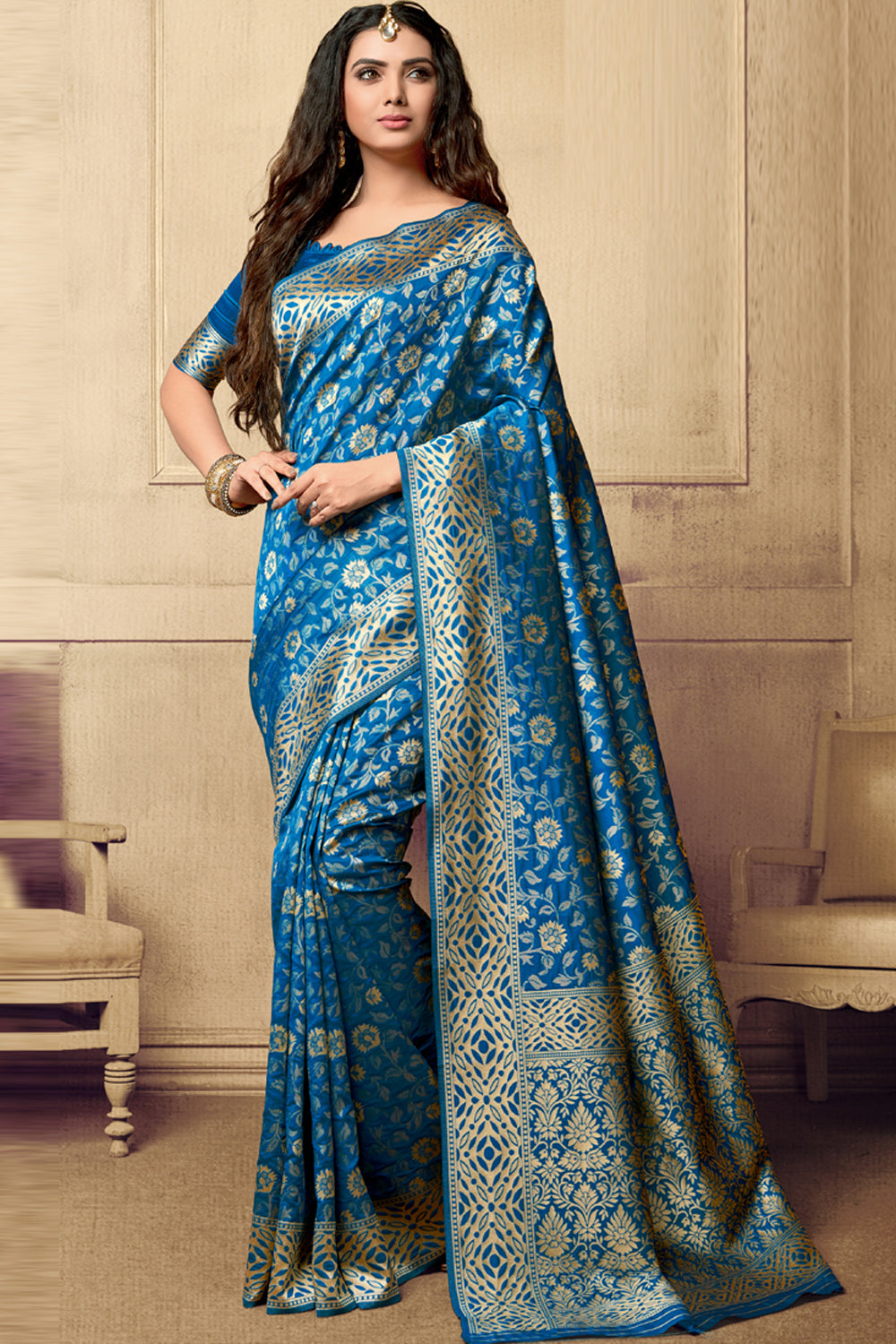 Blended Cotton Printed Saree In Sky Blue