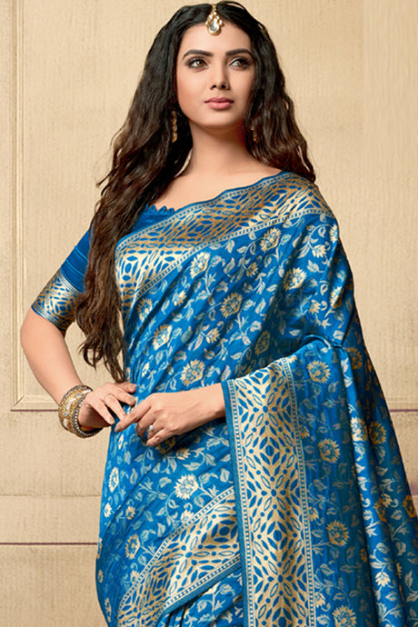 Blended Cotton Printed Saree In Sky Blue