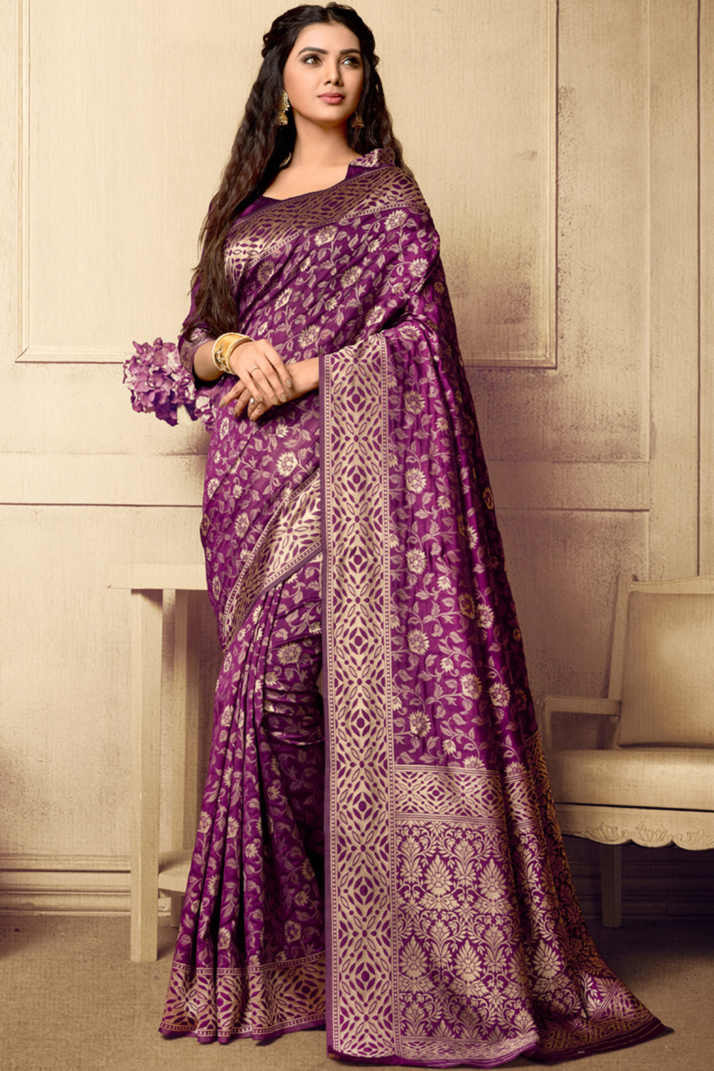 Blended Cotton Printed Saree In Purple