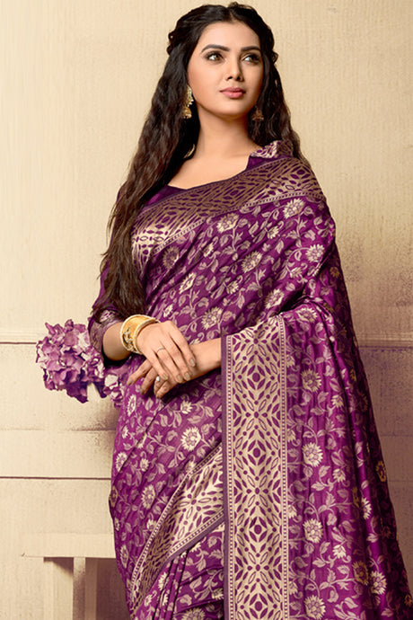 Blended Cotton Printed Saree In Purple