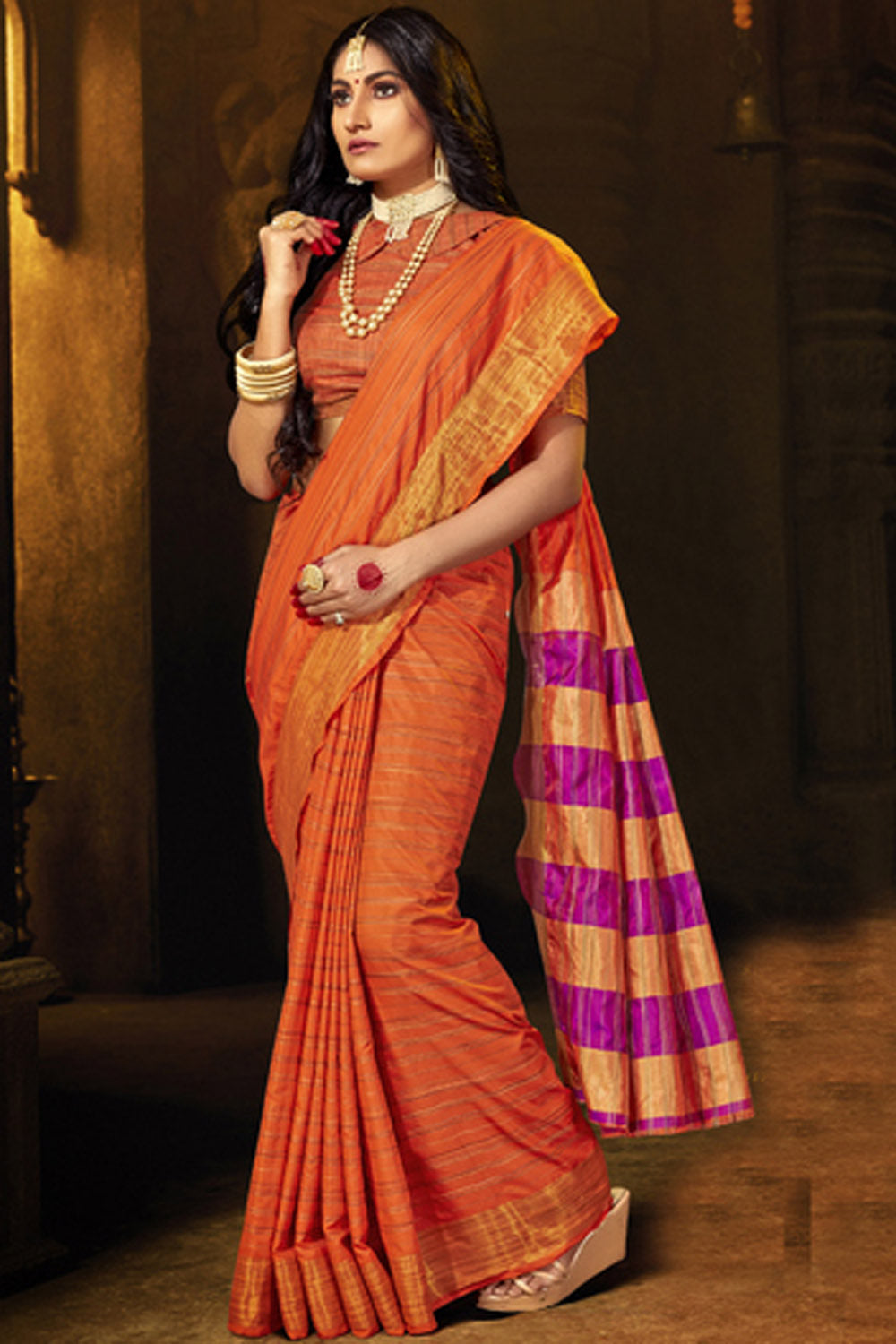 Cotton Art Silk Zari Saree In Orange