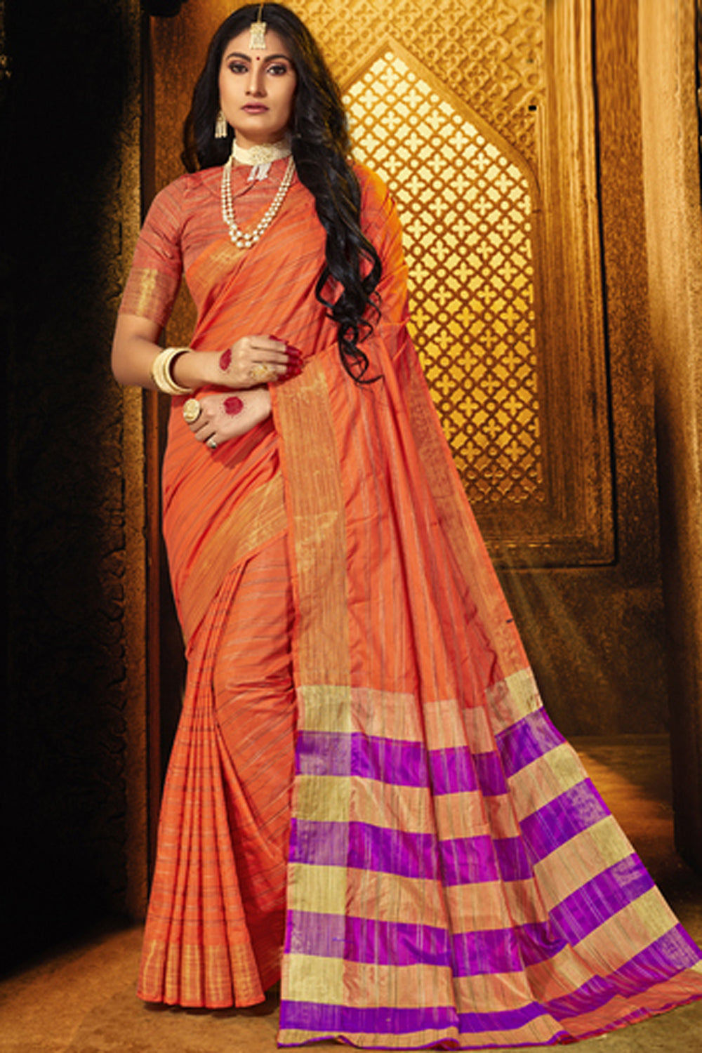 Cotton Art Silk Zari Saree In Orange