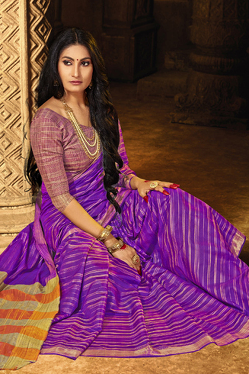 Purple Cotton Art Silk Zari Work Saree