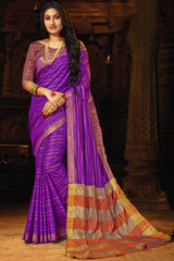 Purple Cotton Art Silk Zari Work Saree