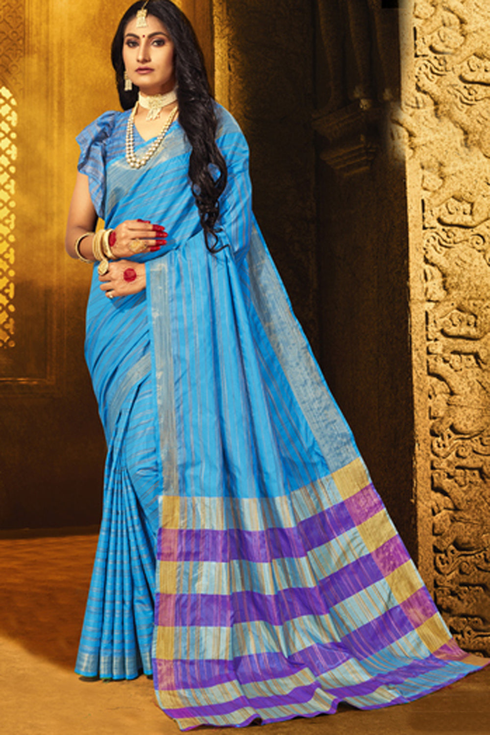 Cotton Art Silk Zari Saree In Sky Blue