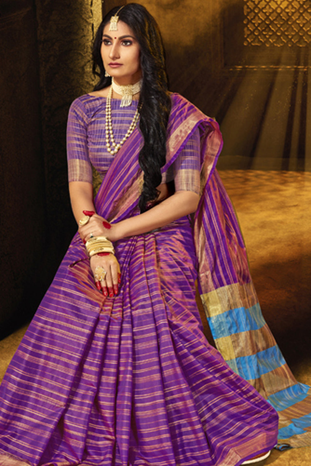 Cotton Art Silk Zari Saree In Purple