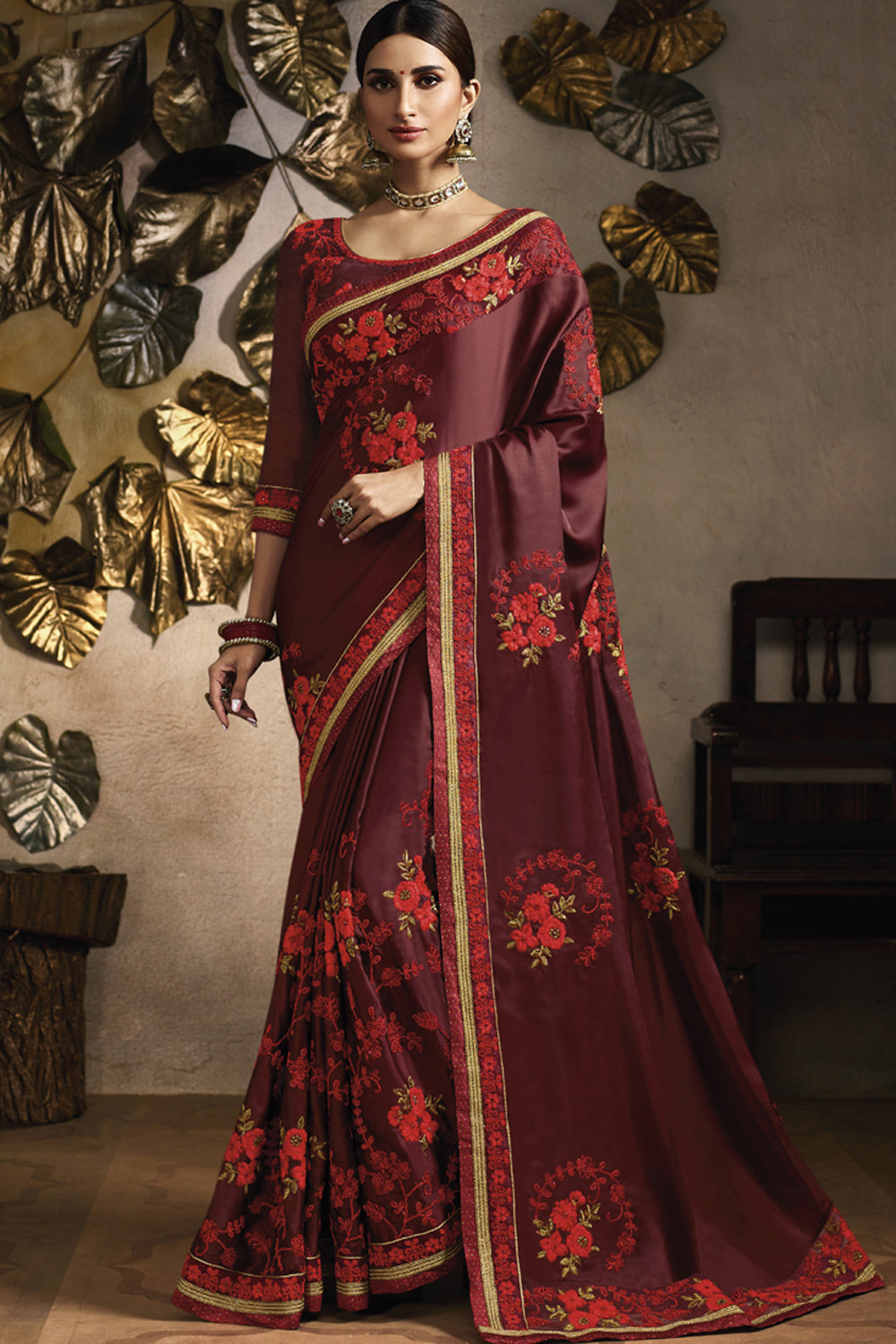 Art Silk Embroidered Saree In Dark Maroon