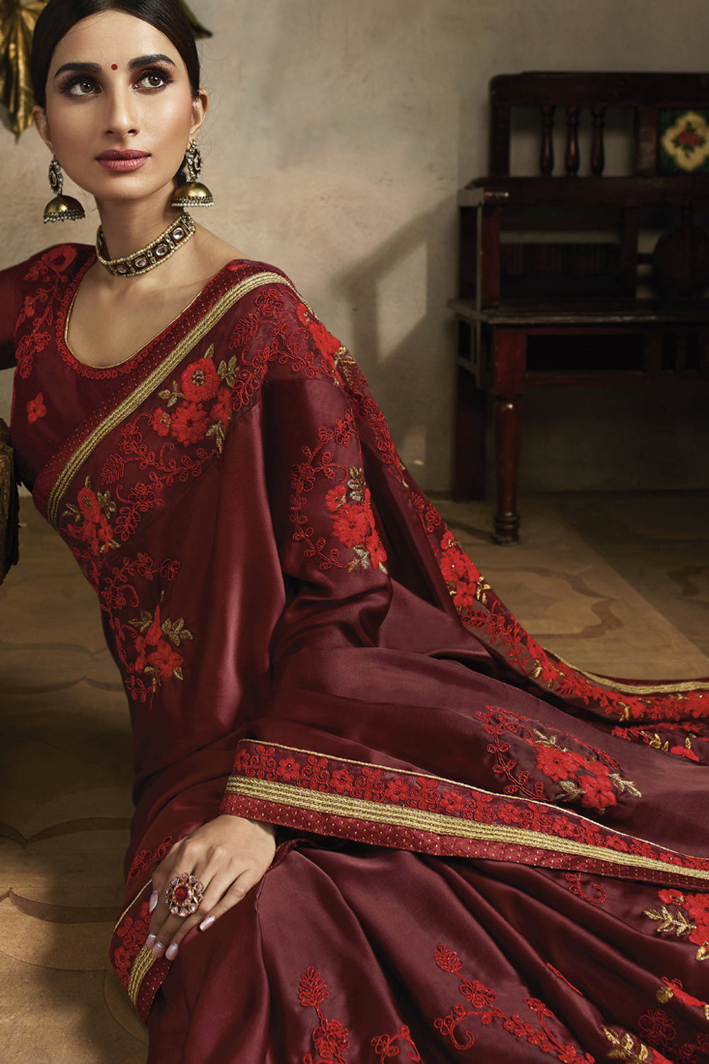 Art Silk Embroidered Saree In Dark Maroon