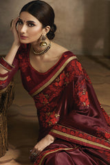 Art Silk Embroidered Saree In Dark Maroon