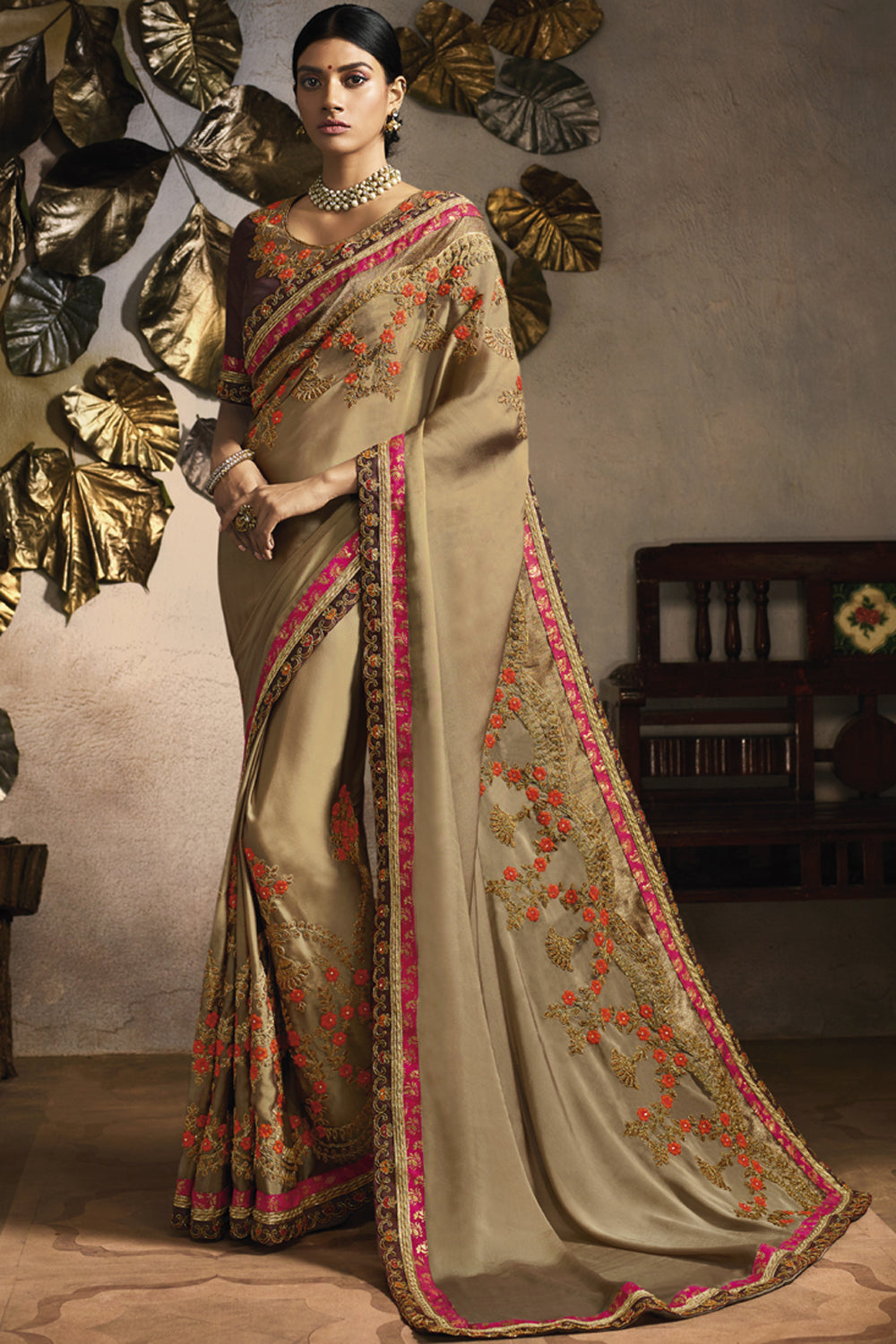 Art Silk Embroidered Saree In Beige