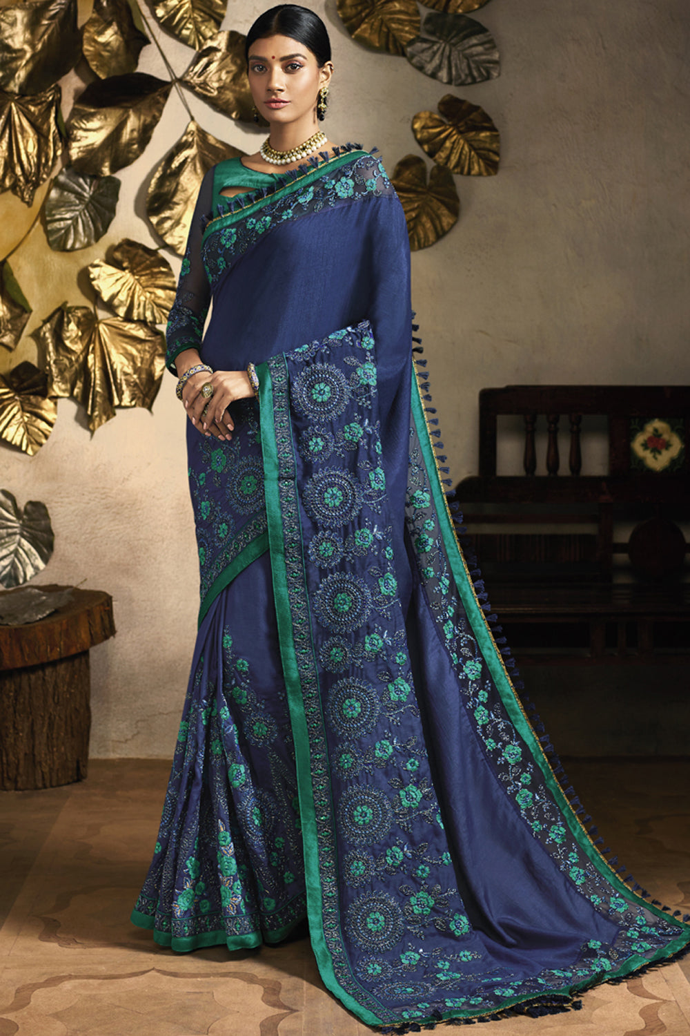 Art Silk Embroidered Saree In Blue