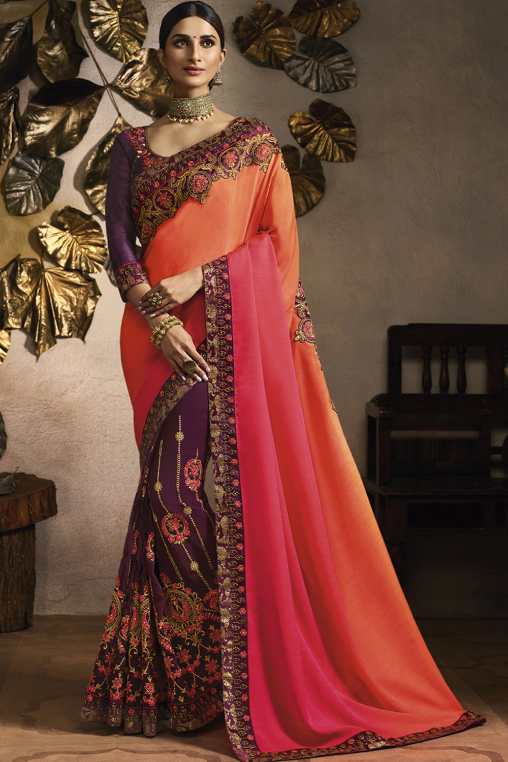 Art Silk Embroidered Saree In Orange And Purple