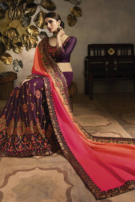 Art Silk Embroidered Saree In Orange And Purple