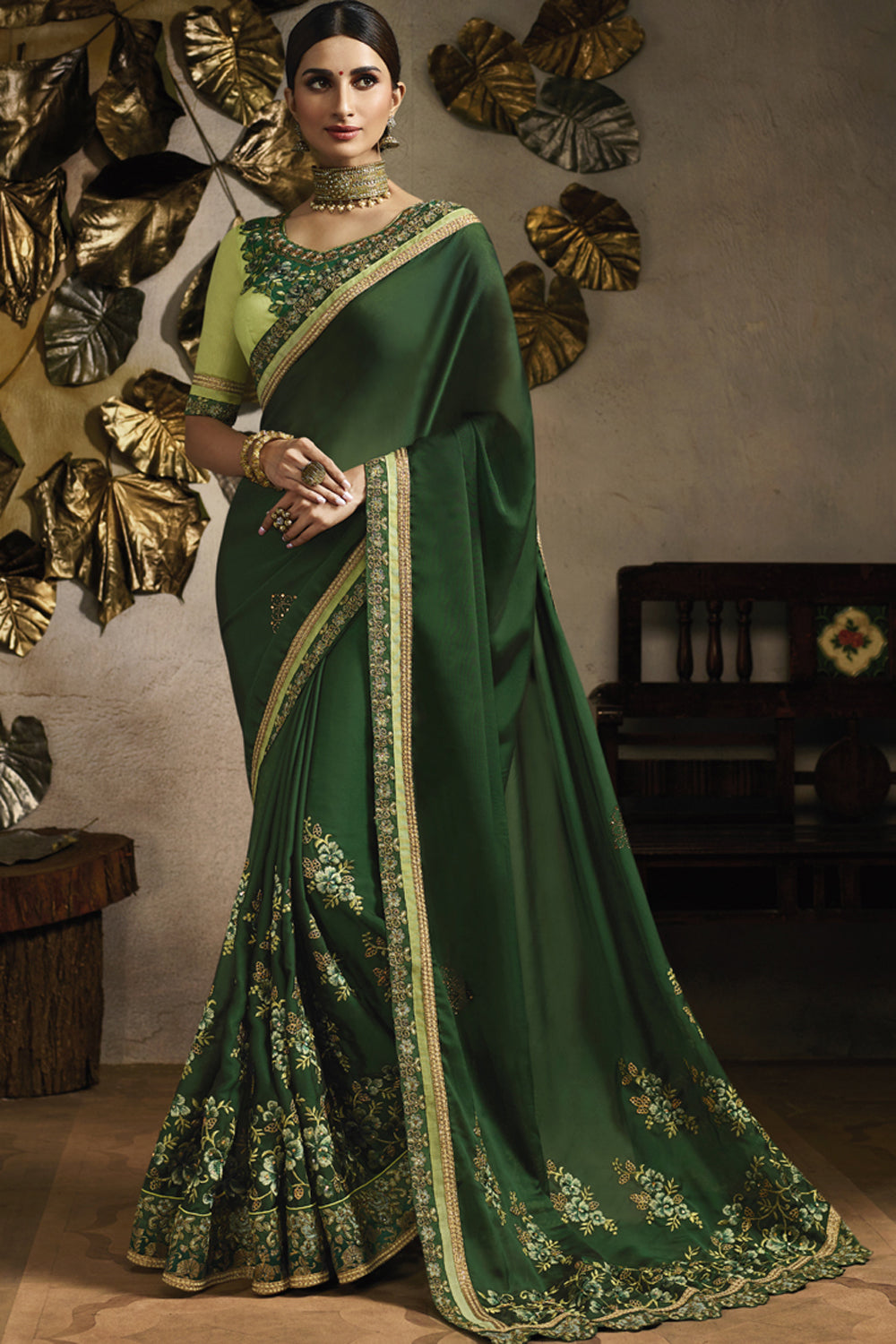 Art Silk Embroidered Saree In Dark Green