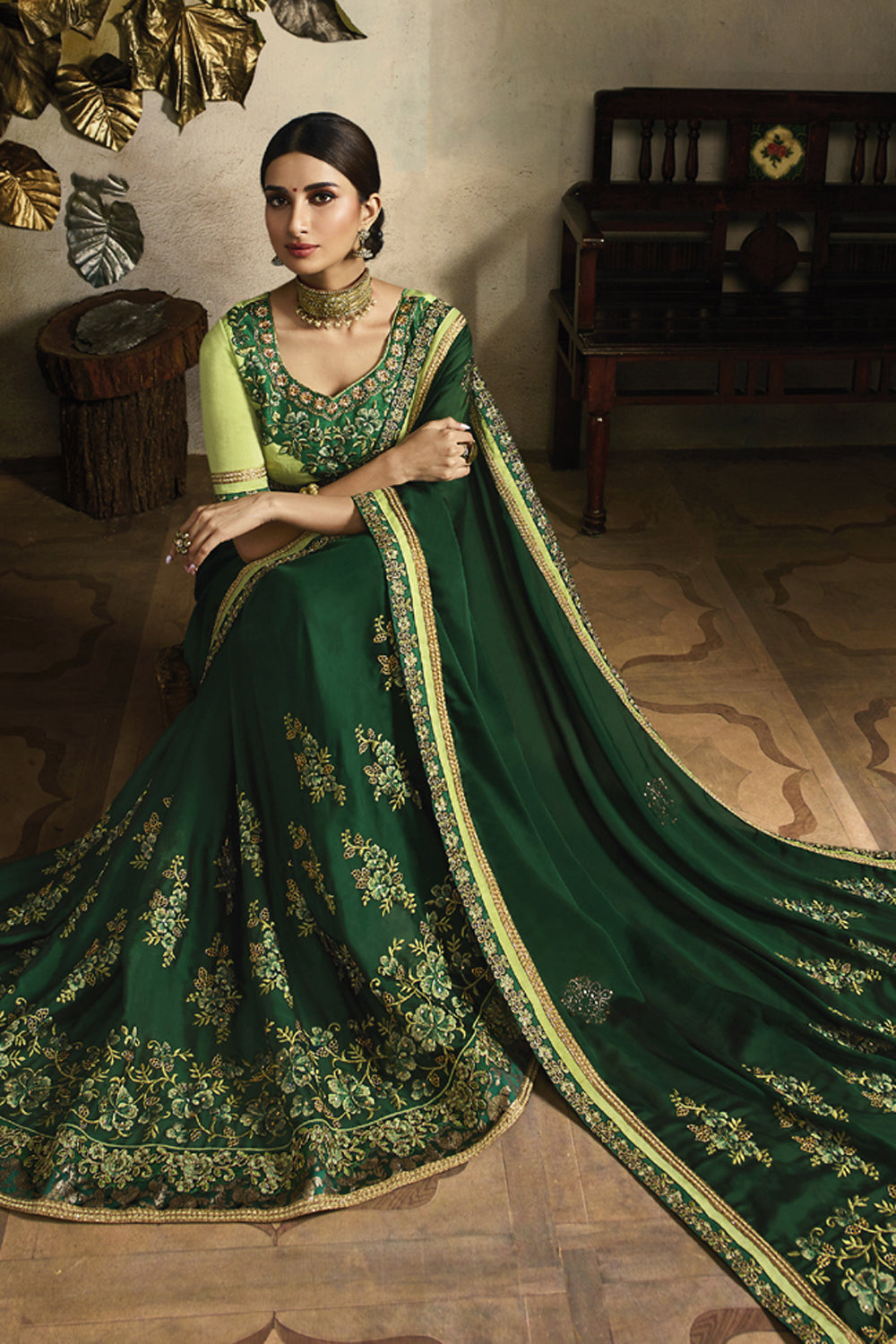 Art Silk Embroidered Saree In Dark Green