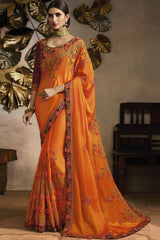 Art Silk Embroidered Saree In Orange