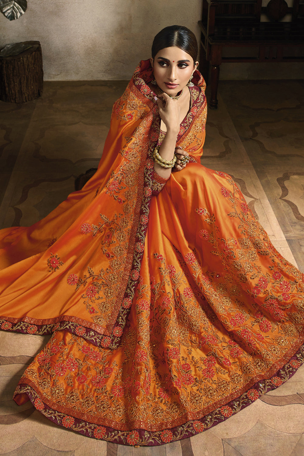 Art Silk Embroidered Saree In Orange