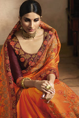 Art Silk Embroidered Saree In Orange