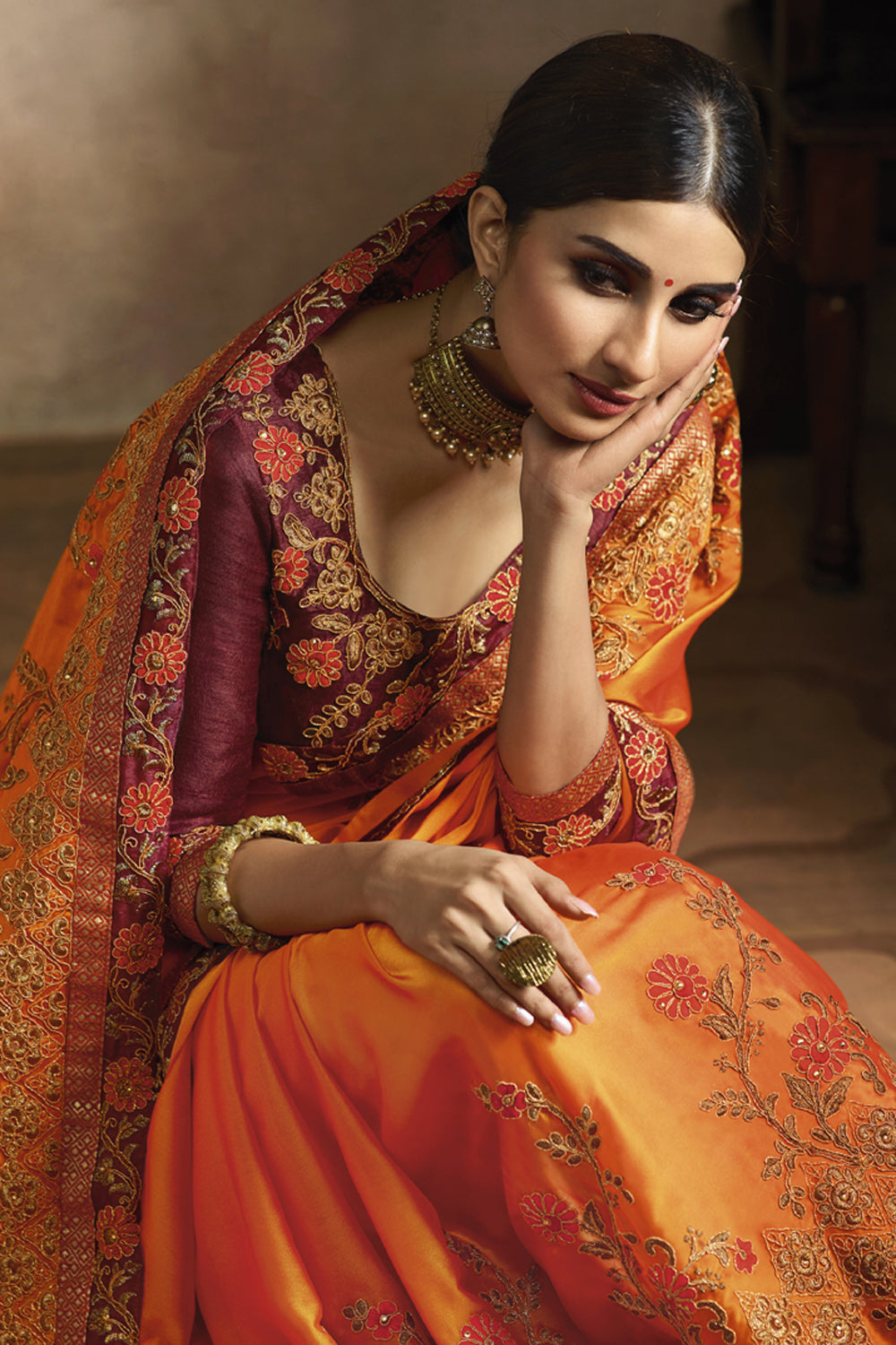 Art Silk Embroidered Saree In Orange