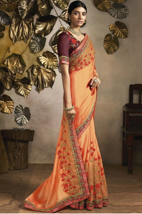 Art Silk Embroidered Saree In Peach