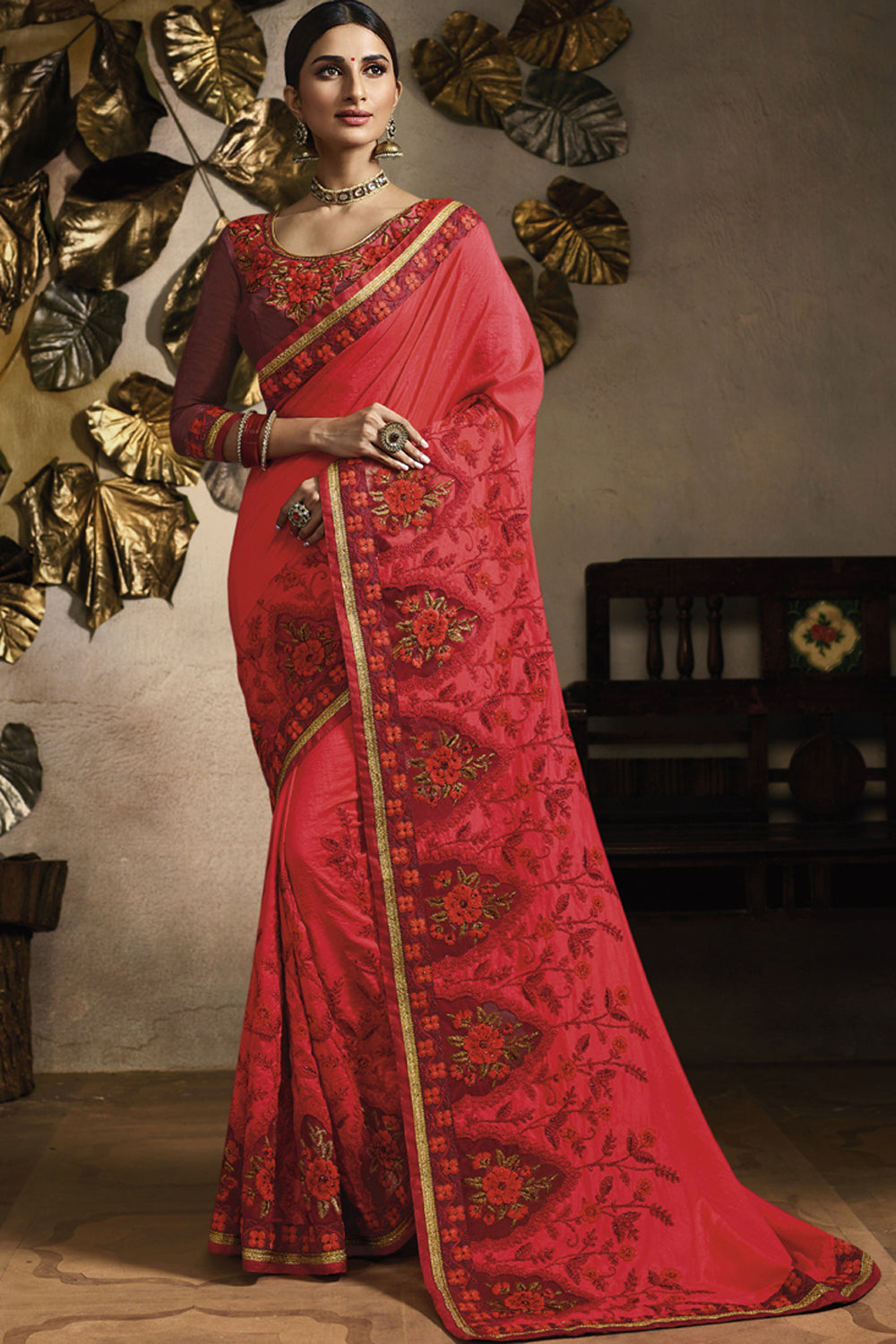 Art Silk Embroidered Saree In Red