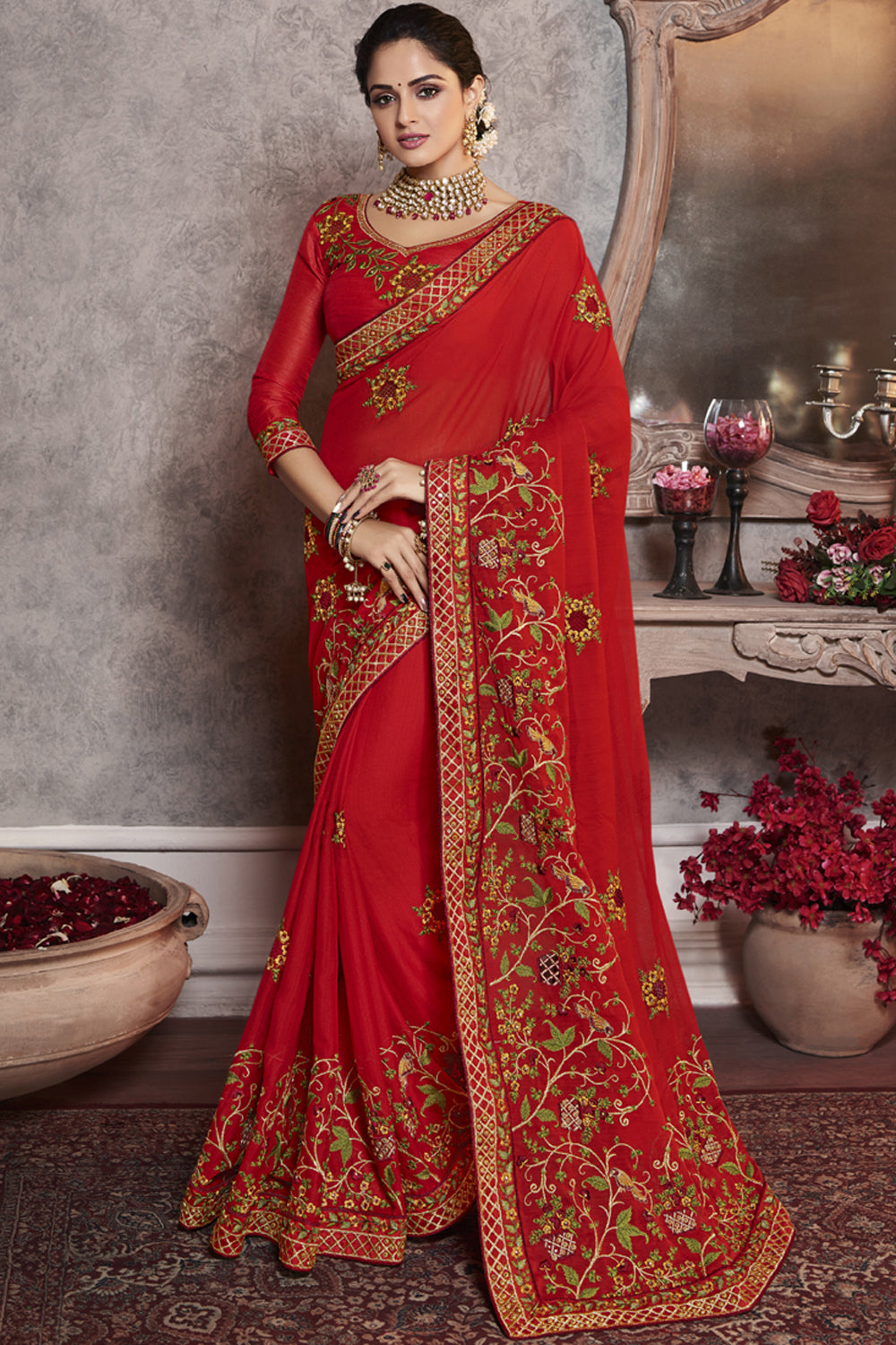 Art Silk Embroidered Saree In Red