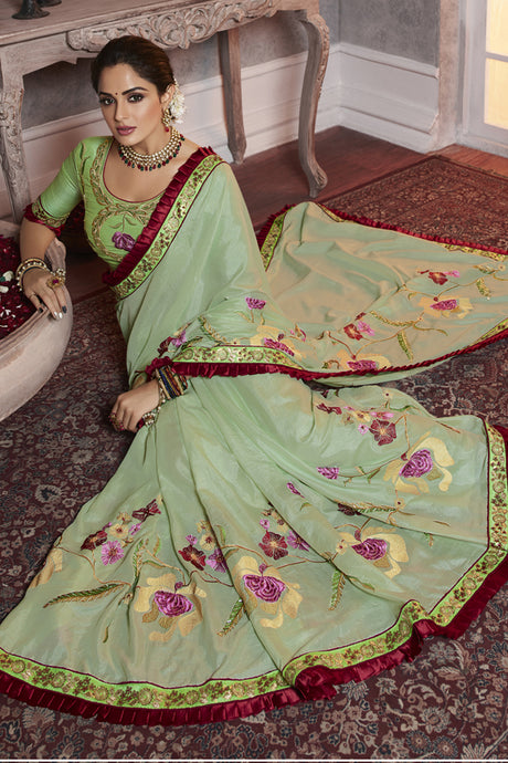 Art Silk Embroidered Saree In Lime