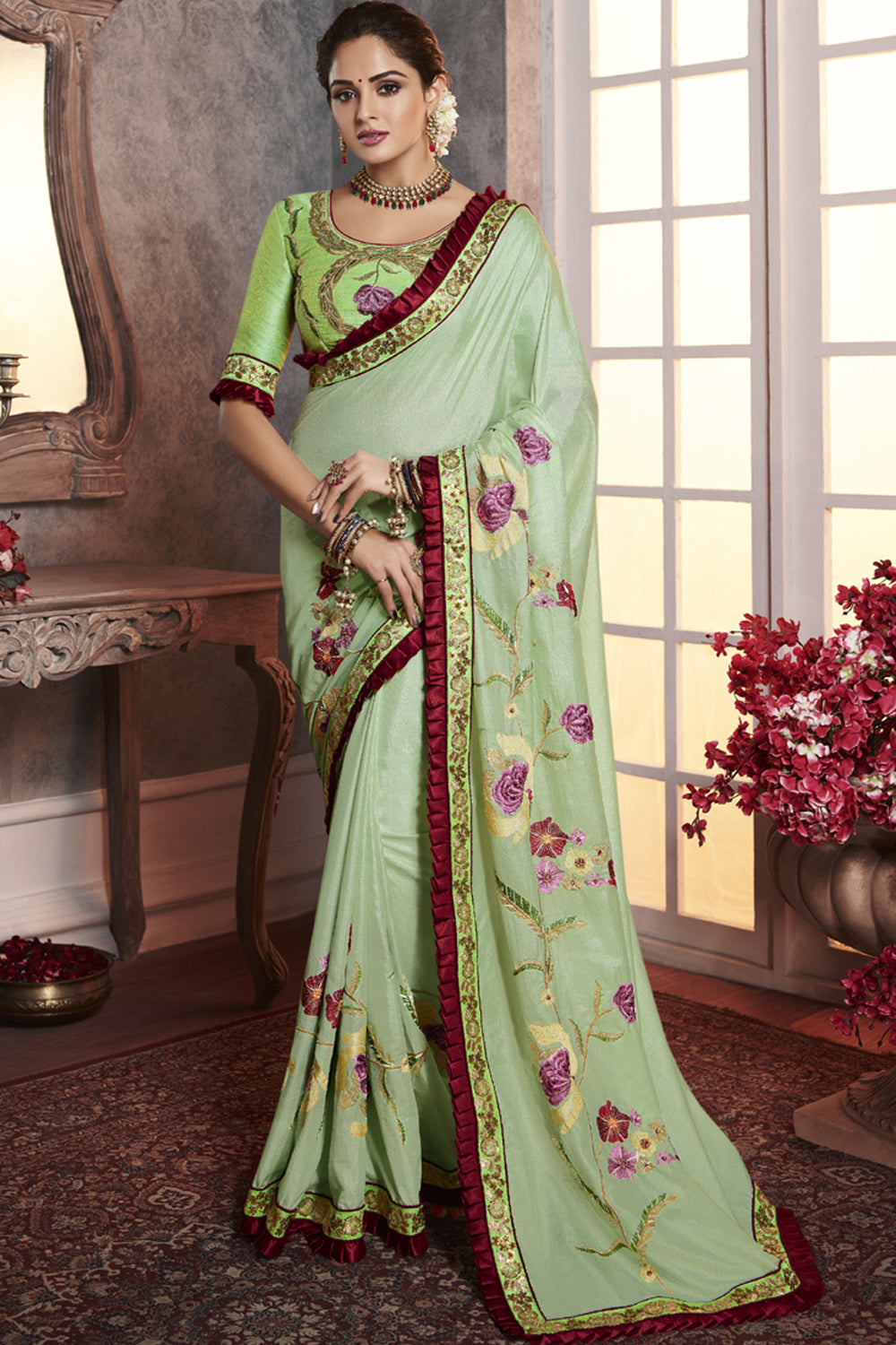 Art Silk Embroidered Saree In Lime